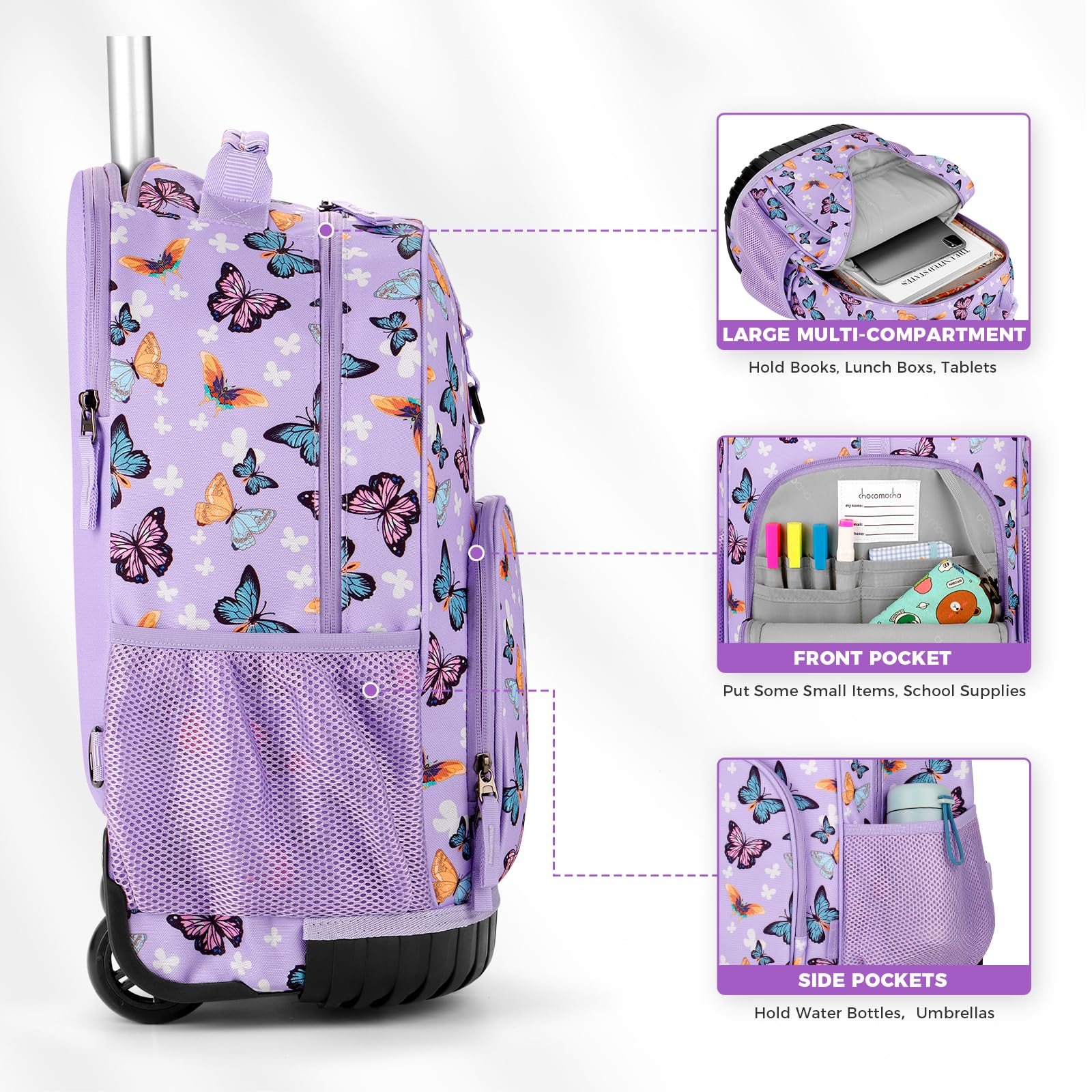 Butterfly-Purple Kids Rolling Backpack Set