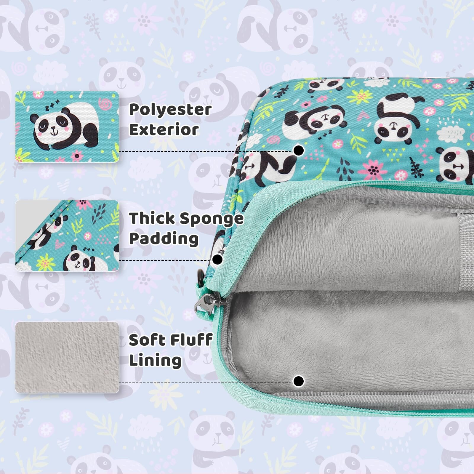 Choco Mocha 12.5 Inch Kids Panda Tablet Sleeve Bag for Girls, Kids Tablet Carrying Case for Fire HD 10, Fire HD 8, Fire 10 Tablet, Chromebook,Kindle Kids Edition,iPad, Teal Green Choco Mocha 