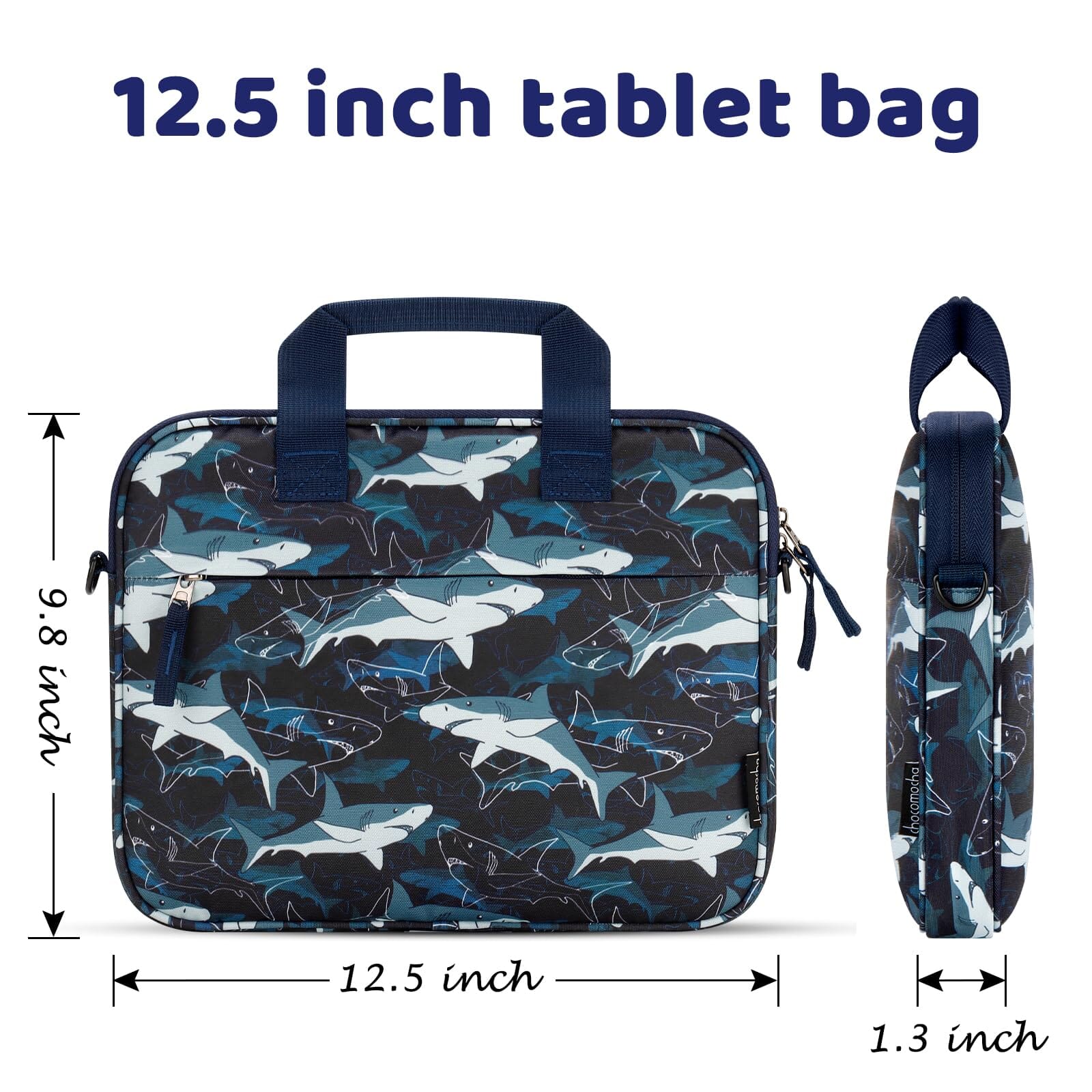 Choco Mocha 12.5 Inch Kids Shark Tablet Sleeve Bag for Boys, Kids Tablet Carrying Case for Fire HD 10, Fire HD 8, Fire 10 Tablet, Chromebook,Kindle Kids Edition, iPad, Navy Blue Choco Mocha 