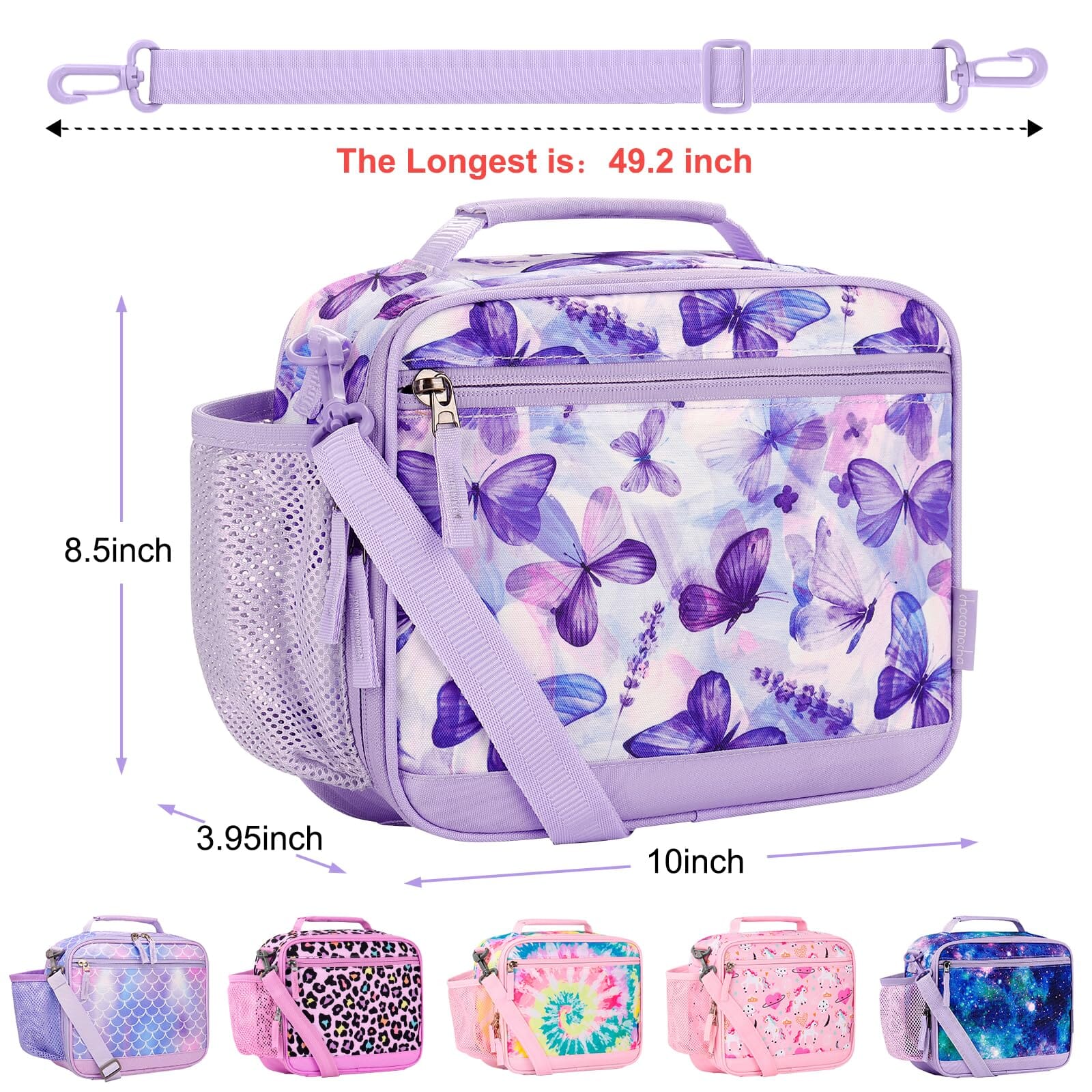 Choco Mocha Butterfly Kids Lunch Box for Girls Lunch Boxes for School Lunch Bag for Girls with Shoulder Strap for Toddler Preschool Kindergarten kids Purple Choco Mocha 