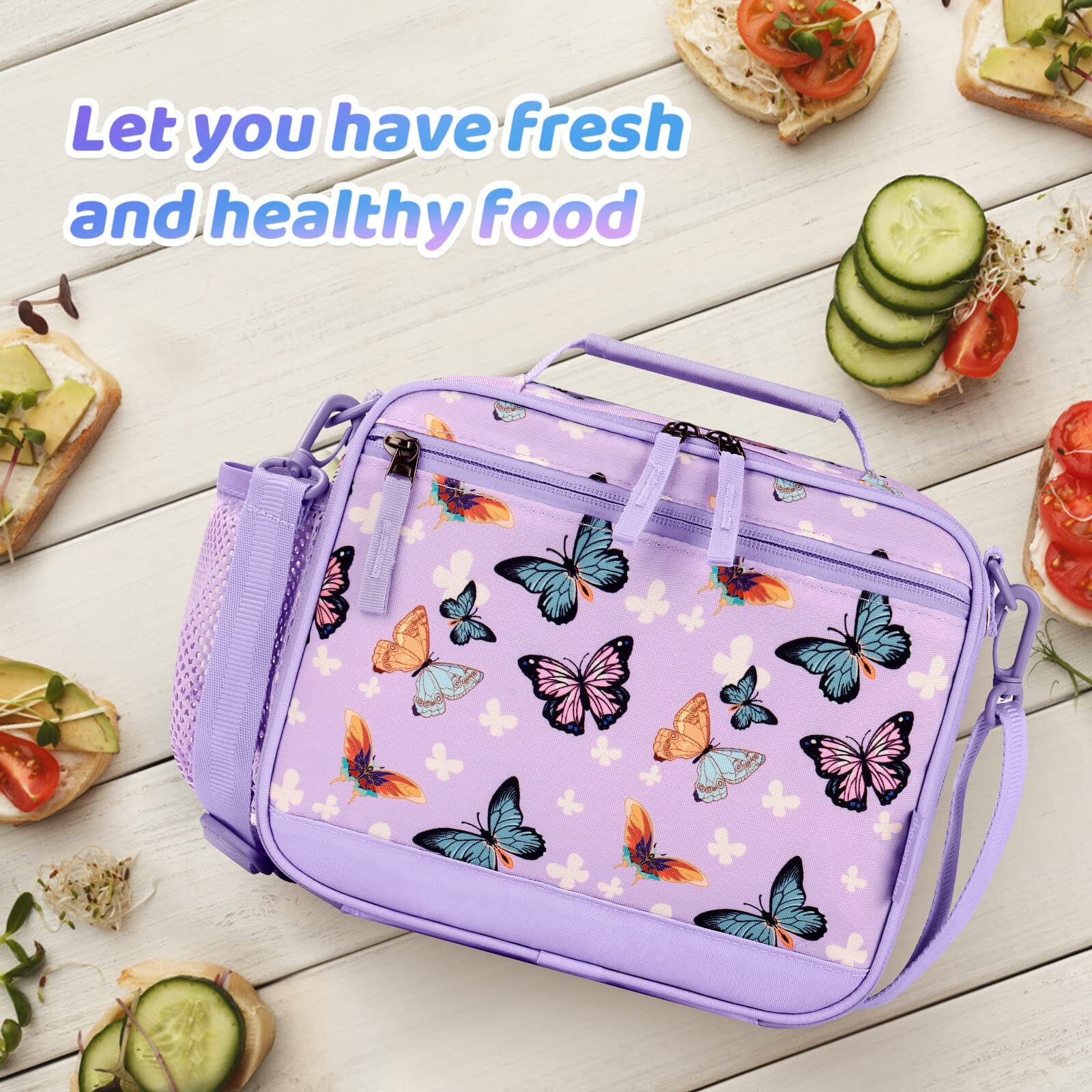 Choco Mocha Butterfly Lunch Box Kids Lunch Box for Girls Lunch Boxes for School Girls Lunchbox for Kids Lunch Bag for Girls with Shoulder Strap for Toddler Preschool Kindergarten Purple Choco Mocha 