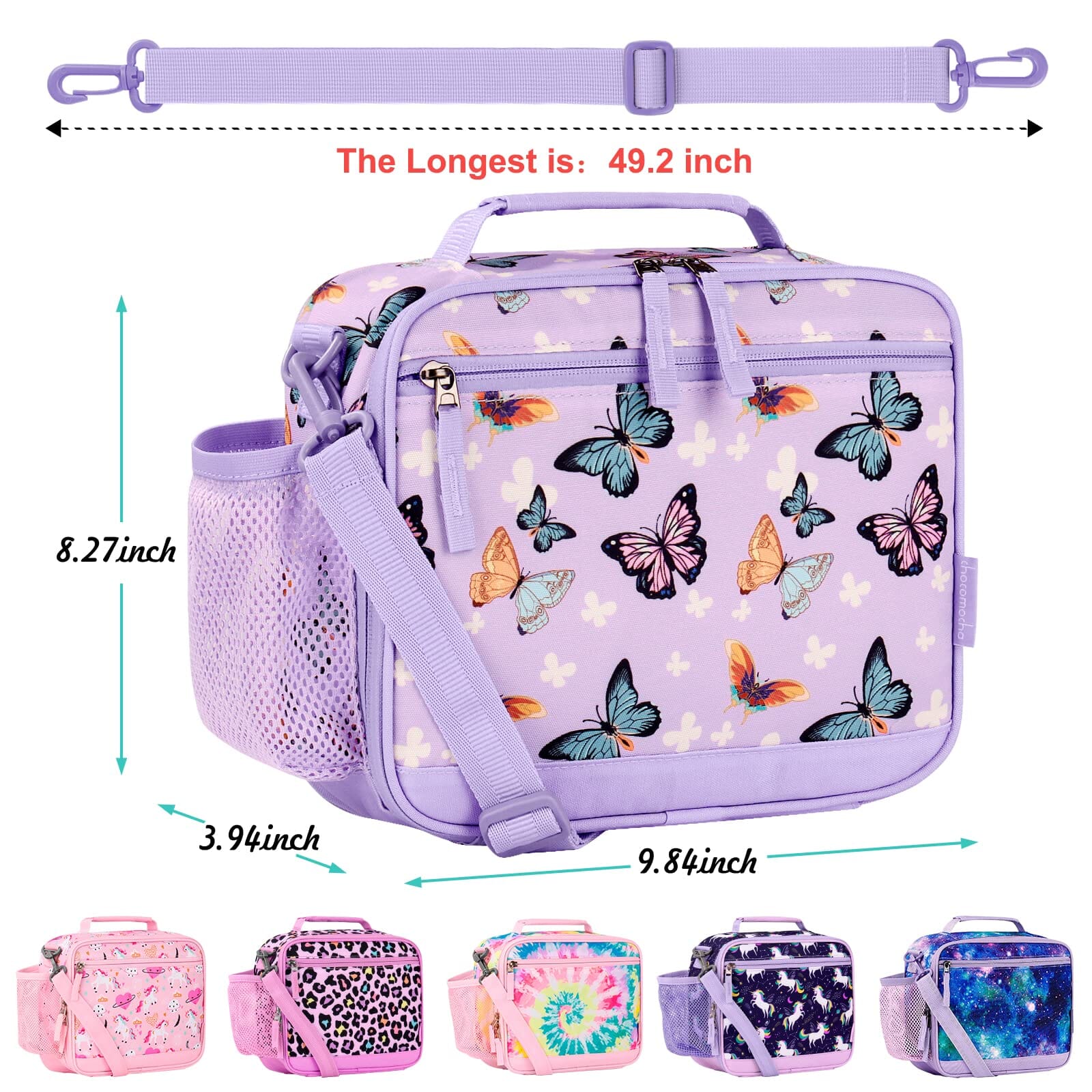 Choco Mocha Butterfly Lunch Box Kids Lunch Box for Girls Lunch Boxes for School Girls Lunchbox for Kids Lunch Bag for Girls with Shoulder Strap for Toddler Preschool Kindergarten Purple Choco Mocha 