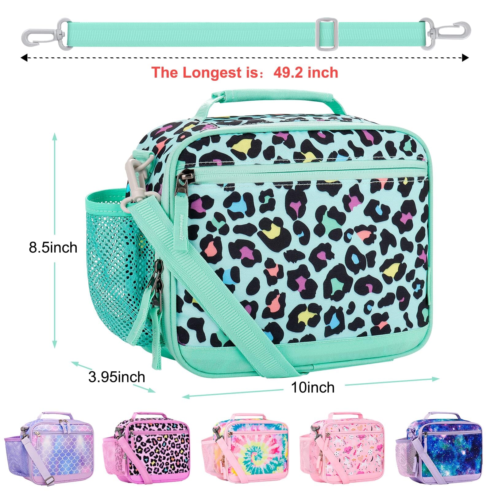 Choco Mocha Cheetah Kids Lunch Box for Girls Lunch Boxes for School Lunch Bag for Girls with Shoulder Strap for Toddler Preschool Kindergarten kids Green Choco Mocha 