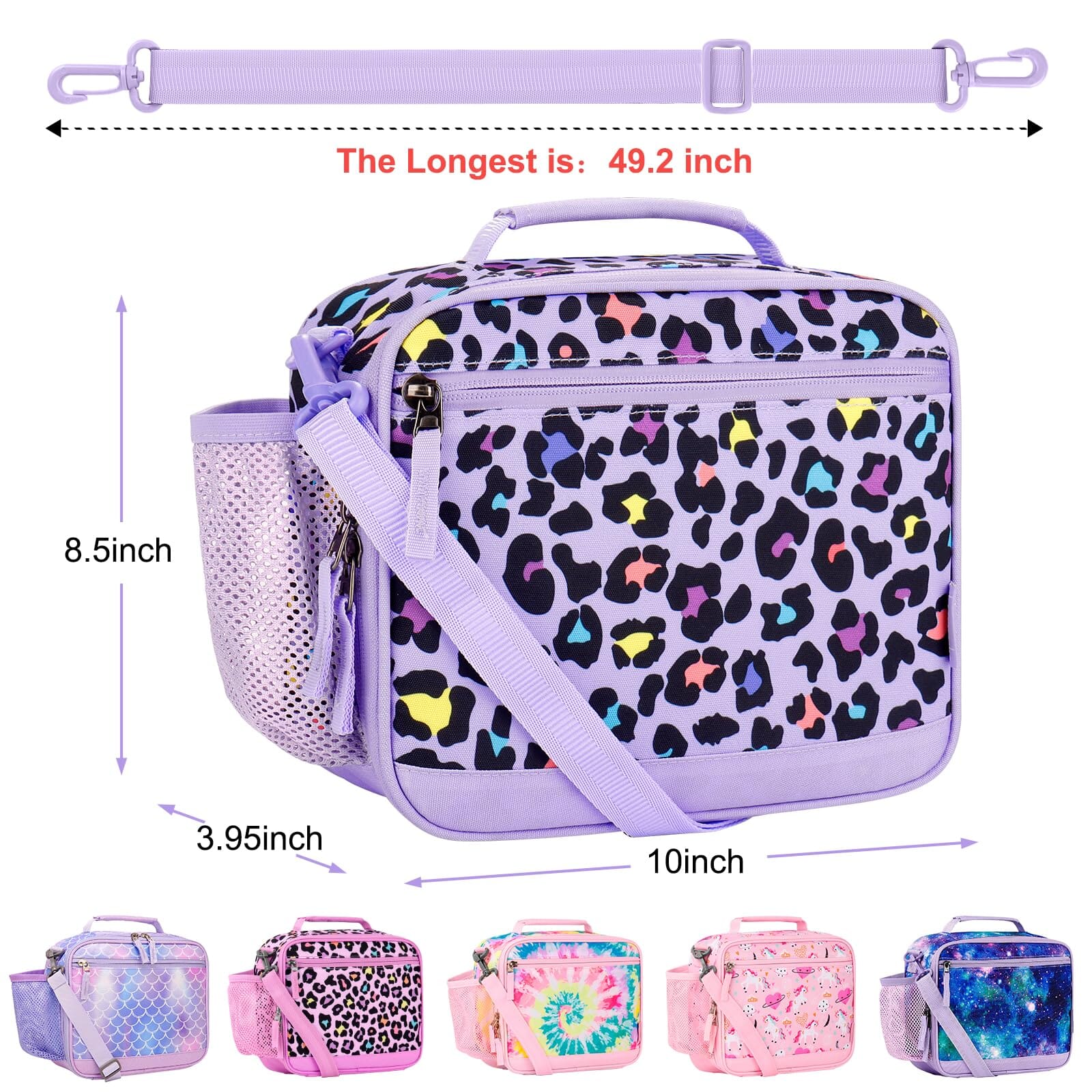 Choco Mocha Cheetah Kids Lunch Box for Girls Lunch Boxes for School Lunch Bag for Girls with Shoulder Strap for Toddler Preschool Kindergarten kids Purple Choco Mocha 