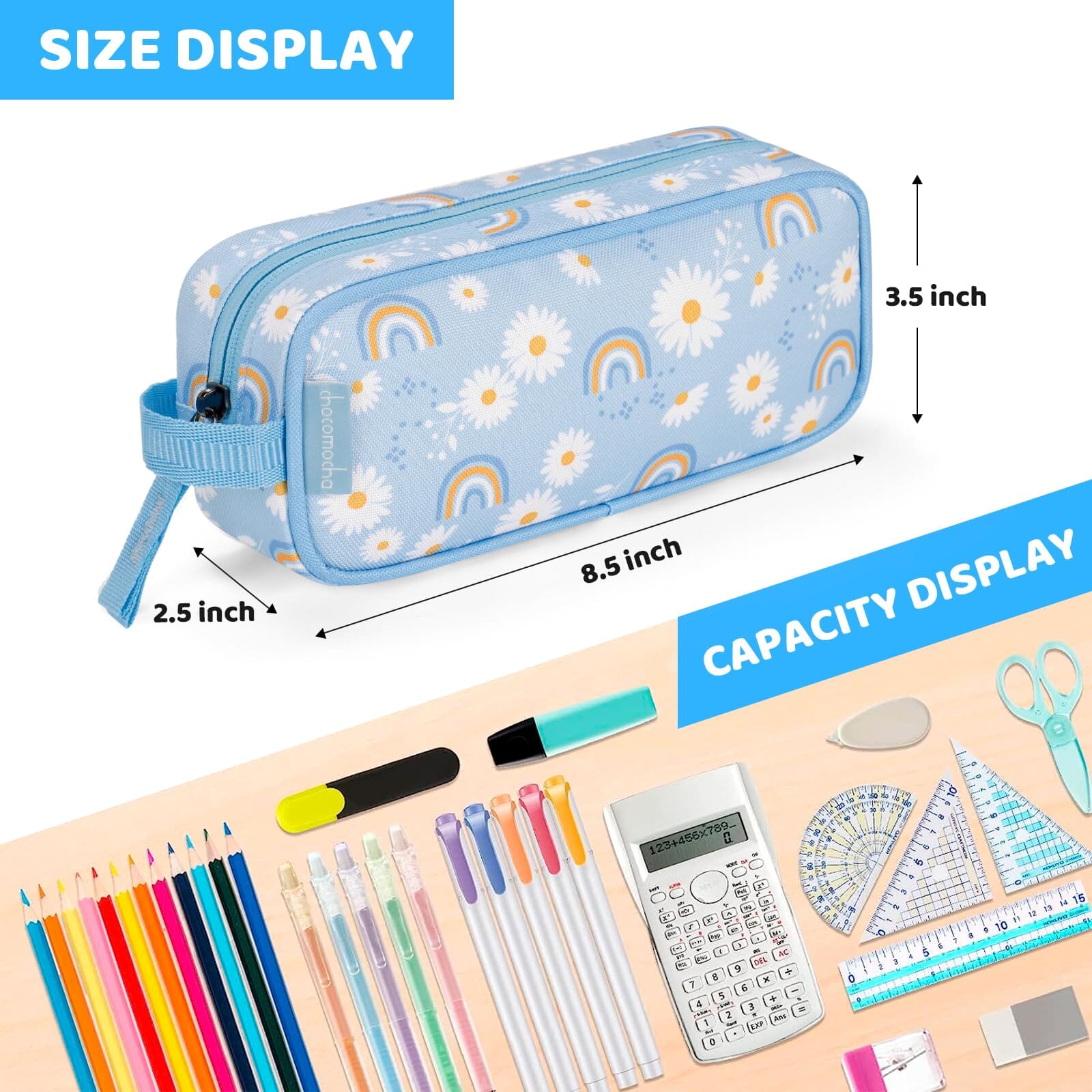 Choco Mocha Daisy Pencil Pouch for Kids Toddler Girls, Soft Zipper Small Pencil Case for Little Girls, Kids Rainbow Pencil Bag for Girls, Blue Choco Mocha 