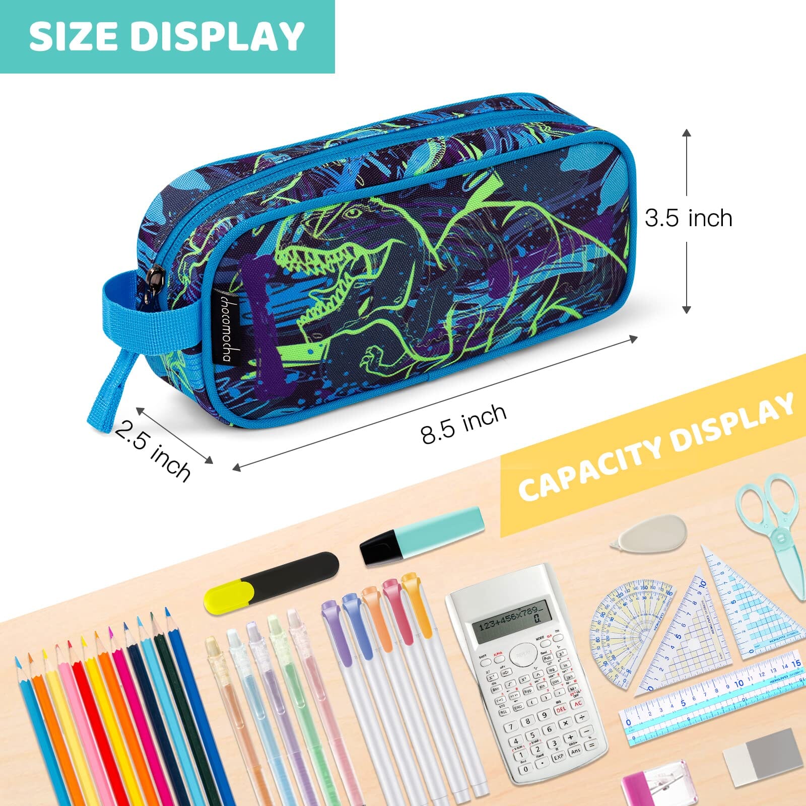 Choco Mocha Dinosaur Pencil Case for Boys Toddler, Soft Zipper Small Pencil Pouch for Little Boys, Kids Pencil Bag for Boys, Blue Choco Mocha 